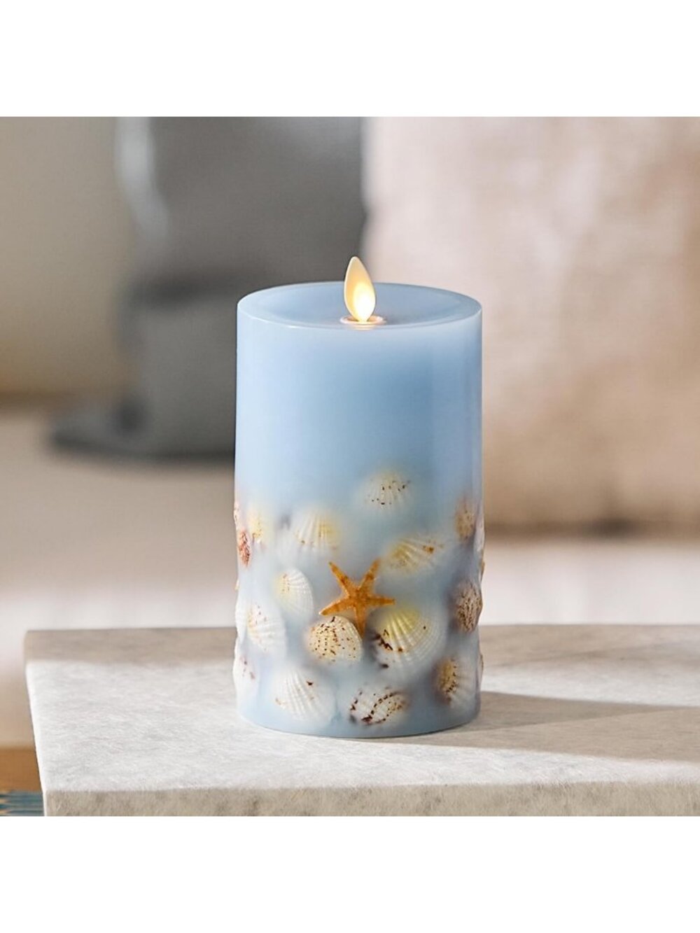 Flameless LED Candle with Moving Flame, Seashell & Starfish Design, 6.5-inch